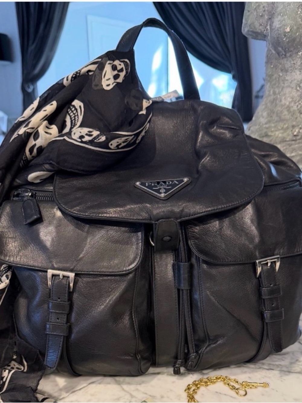 Prada Black Soft Calfskin Leather Drawstring Backpack